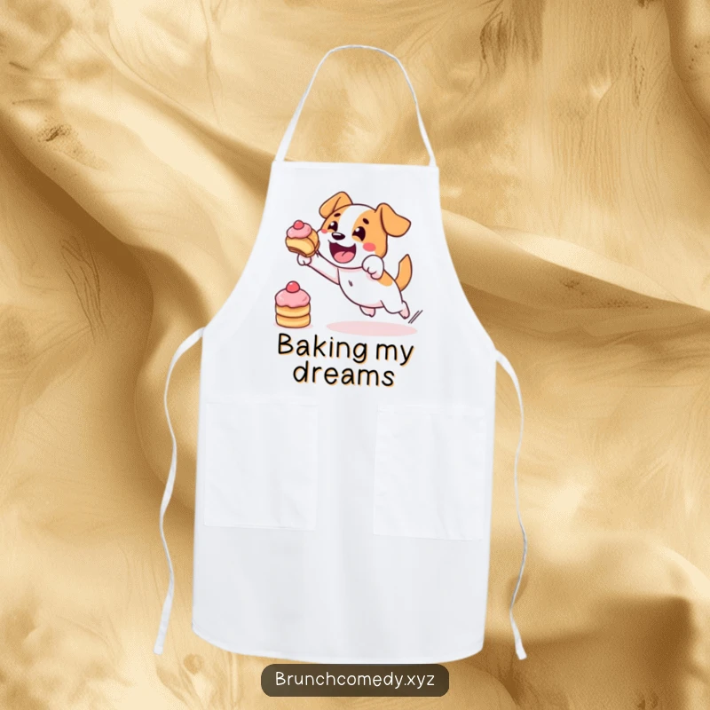 Funny, determined dog character bravely leaping for a pastry on a durable apron, ready for kitchen action.