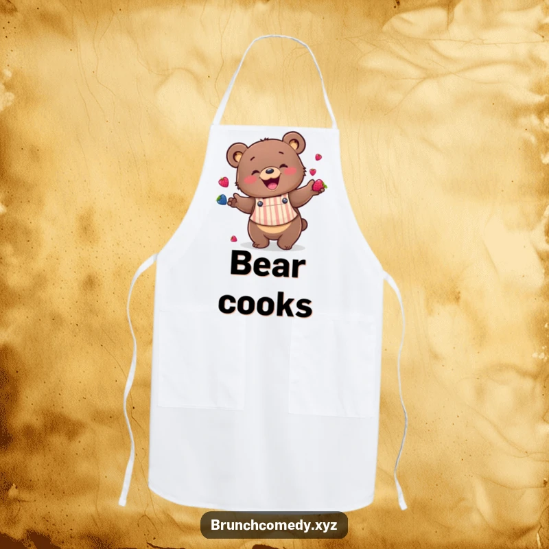 Funny bear wearing a tiny striped apron is pictured enthusiastically juggling berries on this cooking apron.
