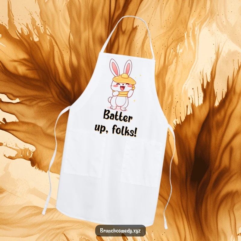 Funny and determined bunny character ready to cook, holding a stack of pancakes, on a durable apron.
