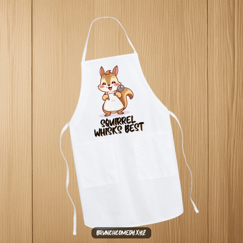 Funny squirrel wearing a small apron is depicted excitedly whisking batter on this baking apron.