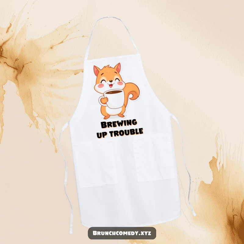 Funny, cheerful squirrel character acting as a barista, balancing a coffee cup on a stylish apron.
