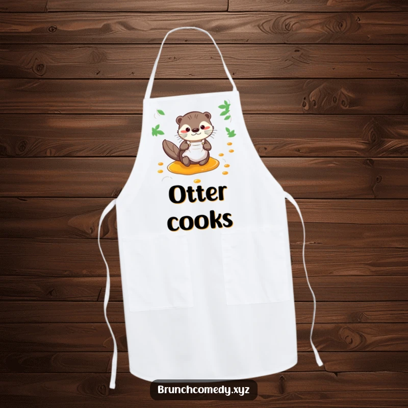 Funny otter wearing a miniature apron is pictured sliding down a syrup stream on this breakfast apron.
