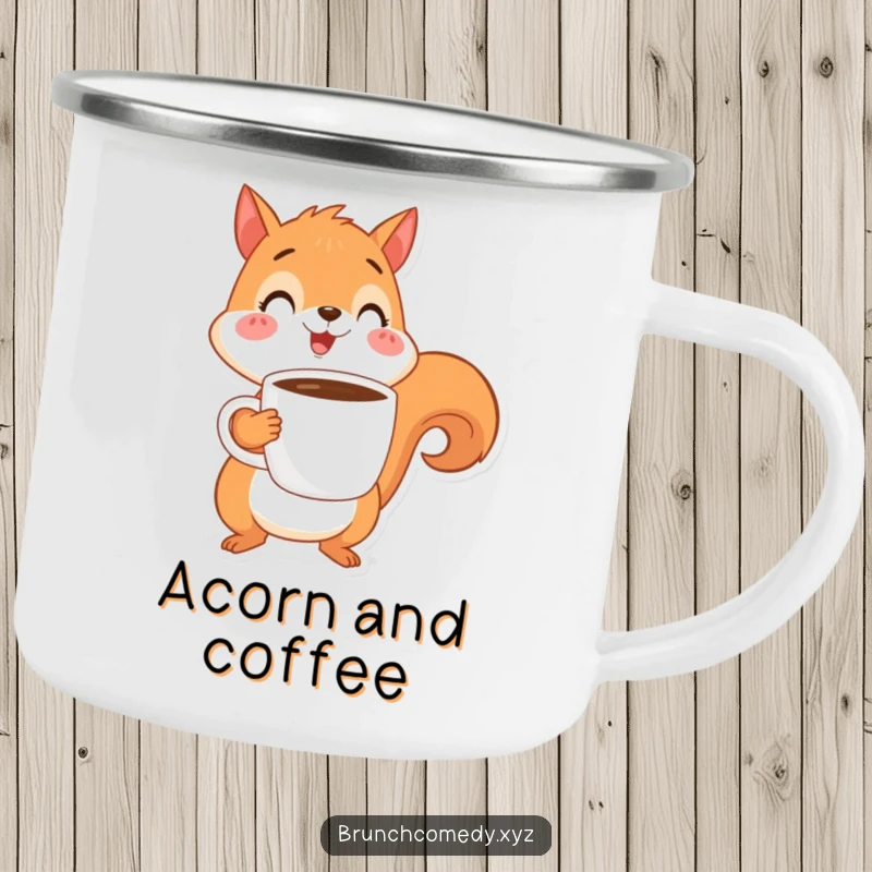 Funny, cheerful squirrel character balancing a coffee cup on a durable camping mug for outdoor coffee enjoyment.