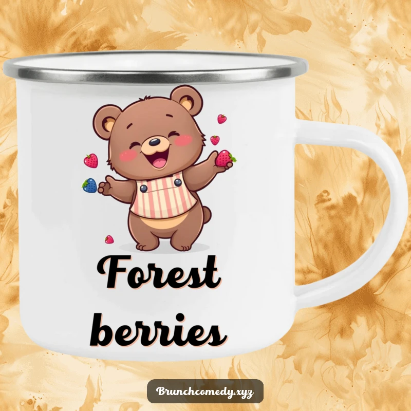 Funny bear juggling berries on a durable camping mug, ideal for outdoor chefs and food lovers.