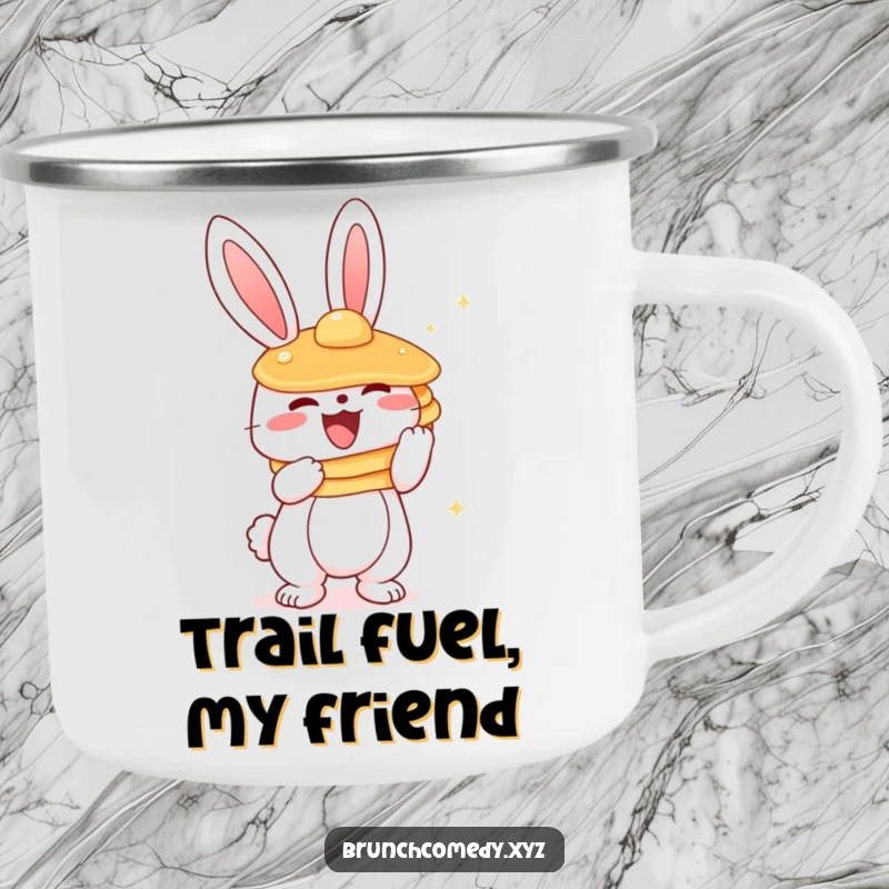 Funny bunny character excitedly holding a stack of pancakes on a durable camping mug for outdoor enjoyment.