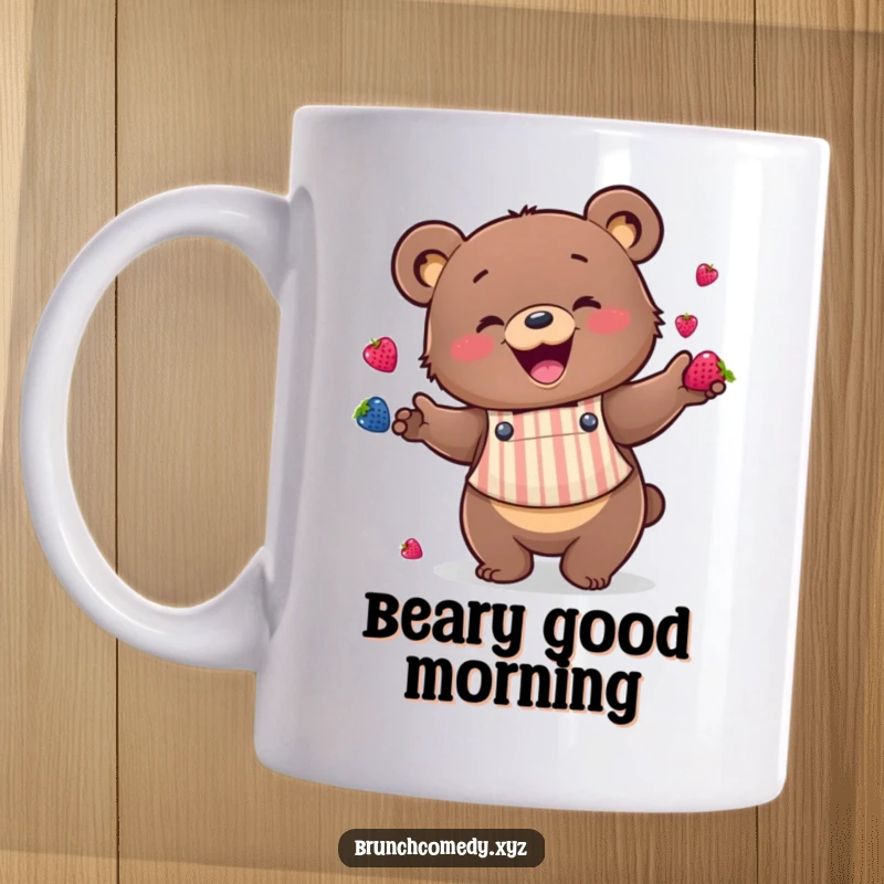 Funny happy bear in a striped apron enthusiastically juggling berries on a mug, for fruit lovers.