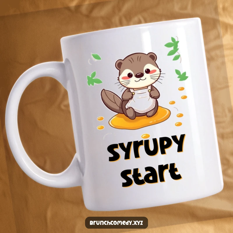 Funny curious otter in a miniature apron slides down a syrup stream on a mug, for breakfast fun.