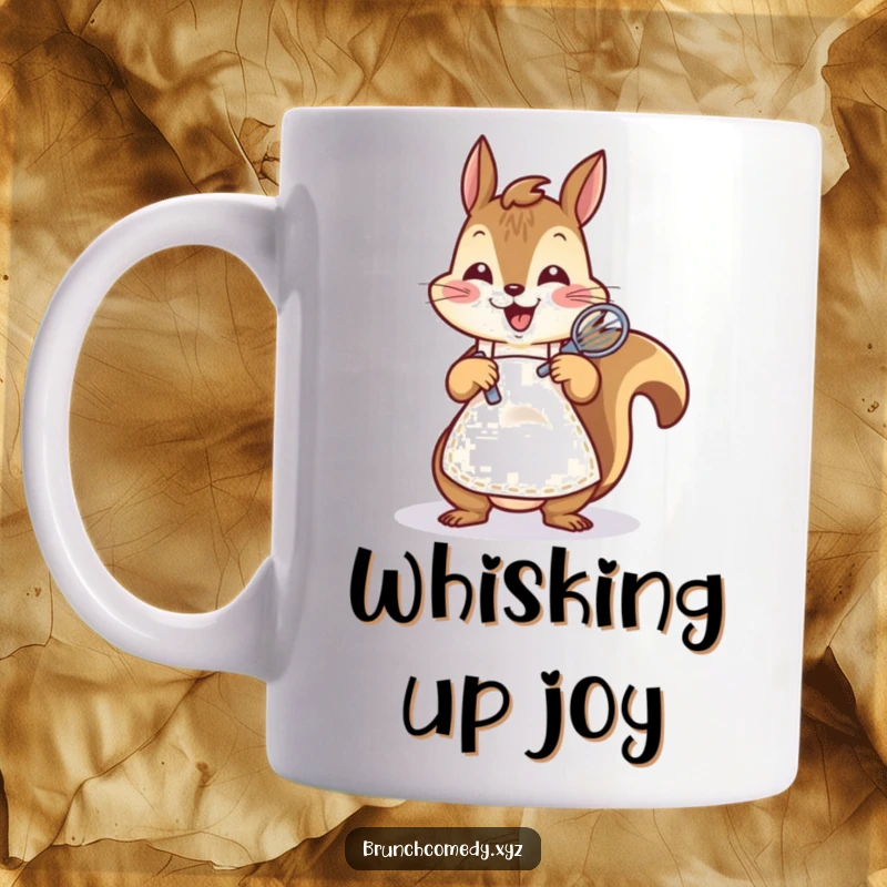 Funny, cheerful squirrel wearing a small apron, excitedly whisking batter on a mug, for bakers.