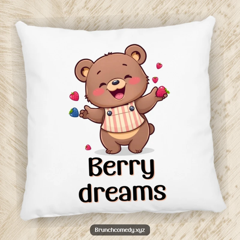 A happy bear juggling berries on this funny pillow, adding comfort and kitchen cheer.