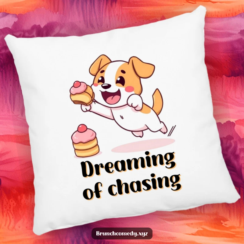 Soft throw pillow featuring a funny depiction of a determined dog character bravely leaping for a pastry.
