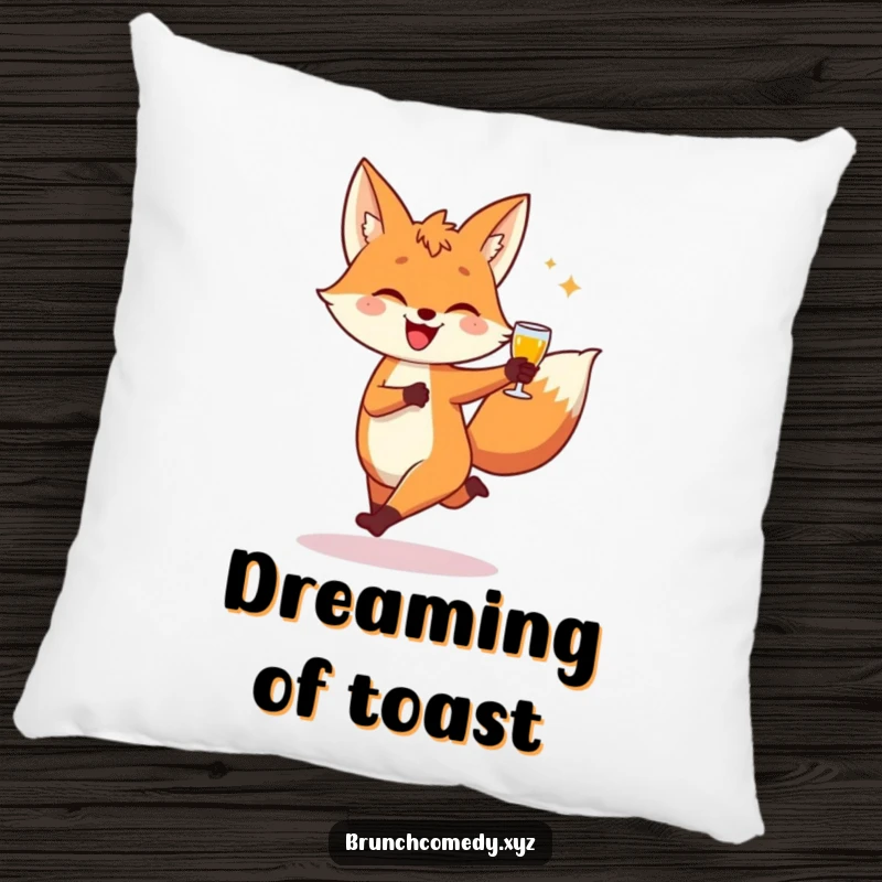 Soft throw pillow featuring a funny depiction of a playful fox character skipping with a piece of toast.