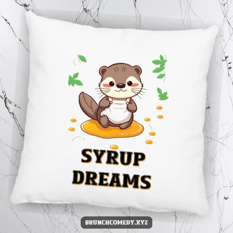 A curious otter sliding down a syrup stream on this funny pillow, adding comfort and breakfast cheer.