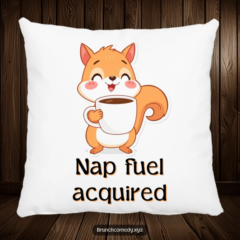 Soft throw pillow featuring a funny, cheerful squirrel character balancing a coffee cup, perfect for cozying up.