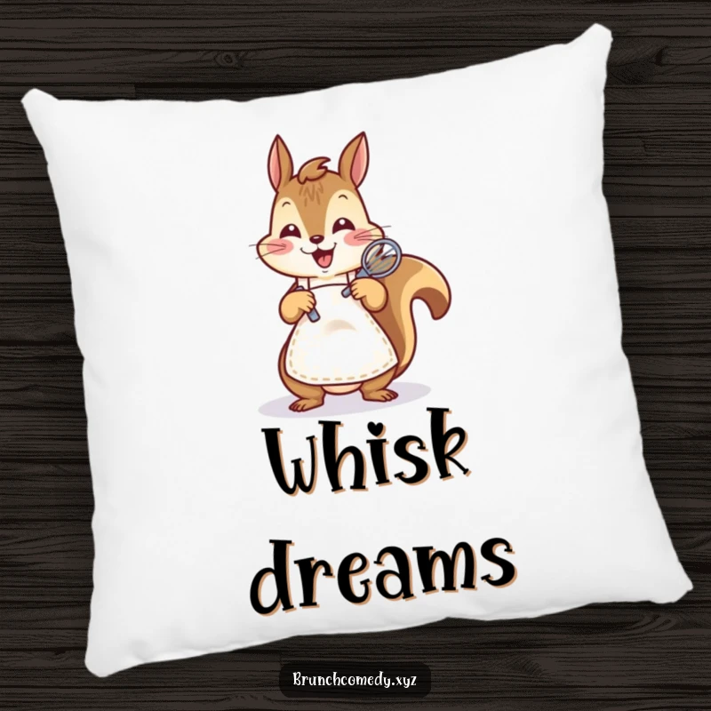 A happy squirrel in an apron whisking batter on this funny pillow, adding comfort and kitchen cheer.