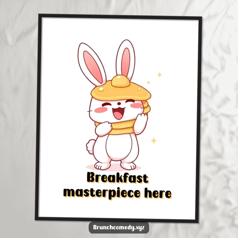 Funny, high-resolution digital art of a cute bunny character ecstatically holding a stack of pancakes.