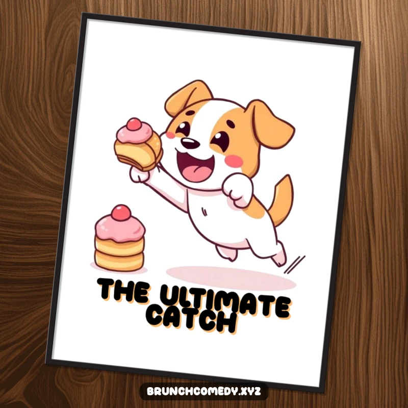 Funny, high-resolution digital art of a determined dog character bravely leaping for a pastry.