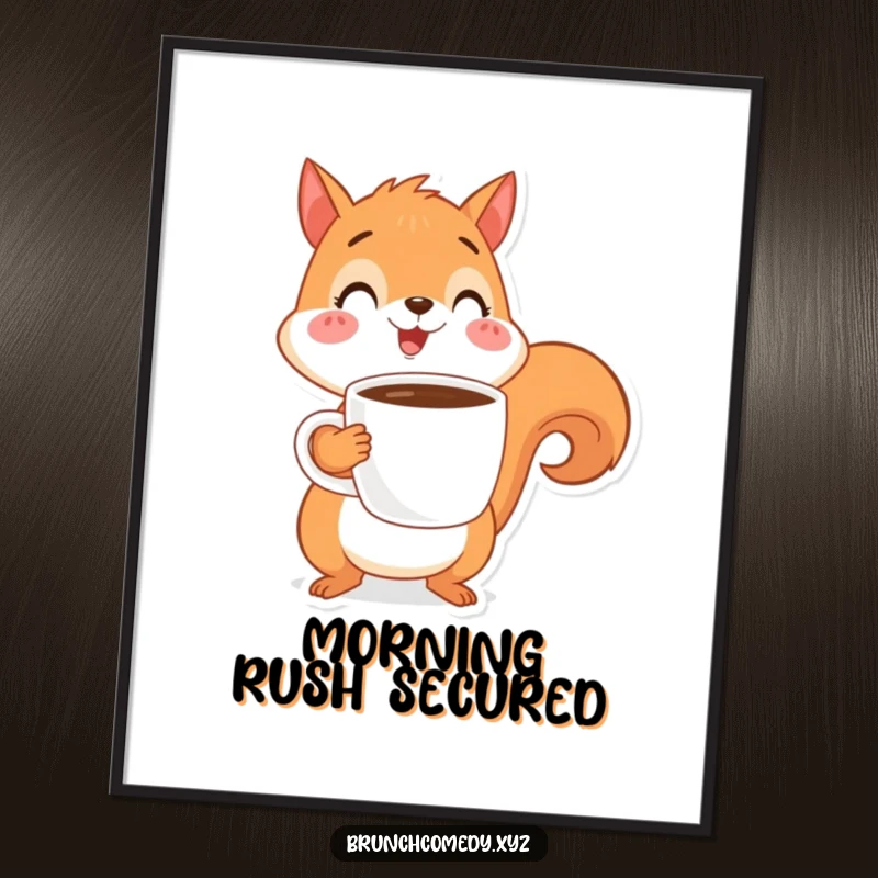 Funny, high-resolution digital art of a cheerful squirrel character balancing a steaming coffee cup.