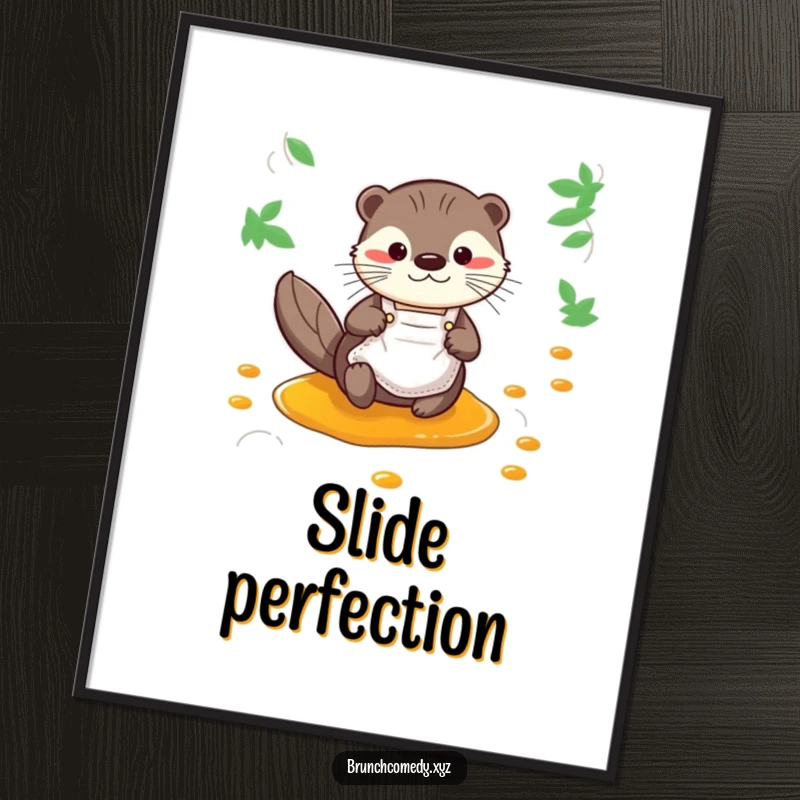 Digital art print of a funny otter sliding down a syrup stream, perfect for instant kitchen decor.