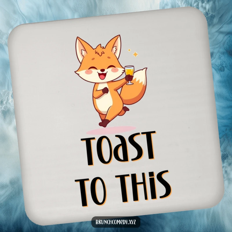 Funny illustration of a playful fox character skipping with toast, serving as a drink coaster.
