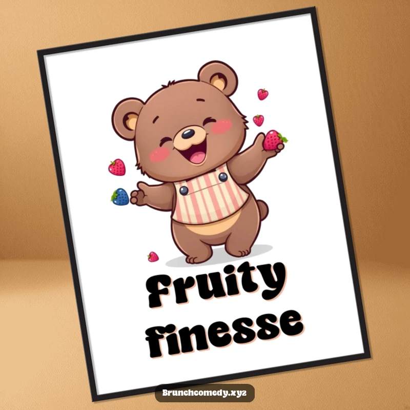 Funny bear wearing a striped apron enthusiastically juggling berries, depicted as a playful art print.