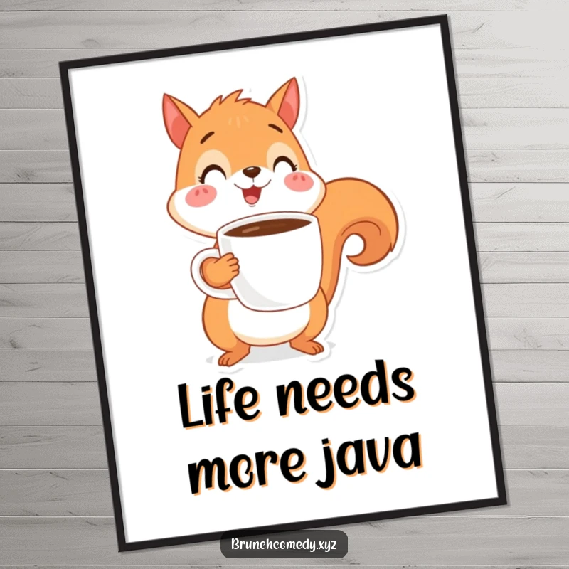 Funny and vibrant illustration of a cheerful squirrel character balancing a steaming coffee cup, perfect for wall art.