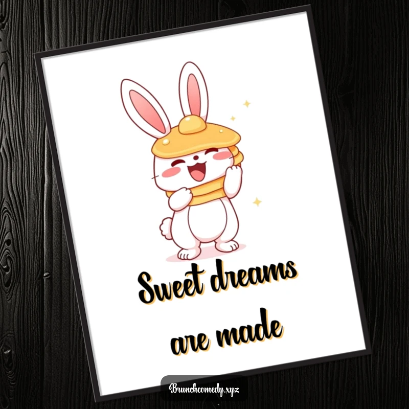 Funny and vibrant illustration of a cute bunny character enthusiastically holding a stack of fluffy pancakes.