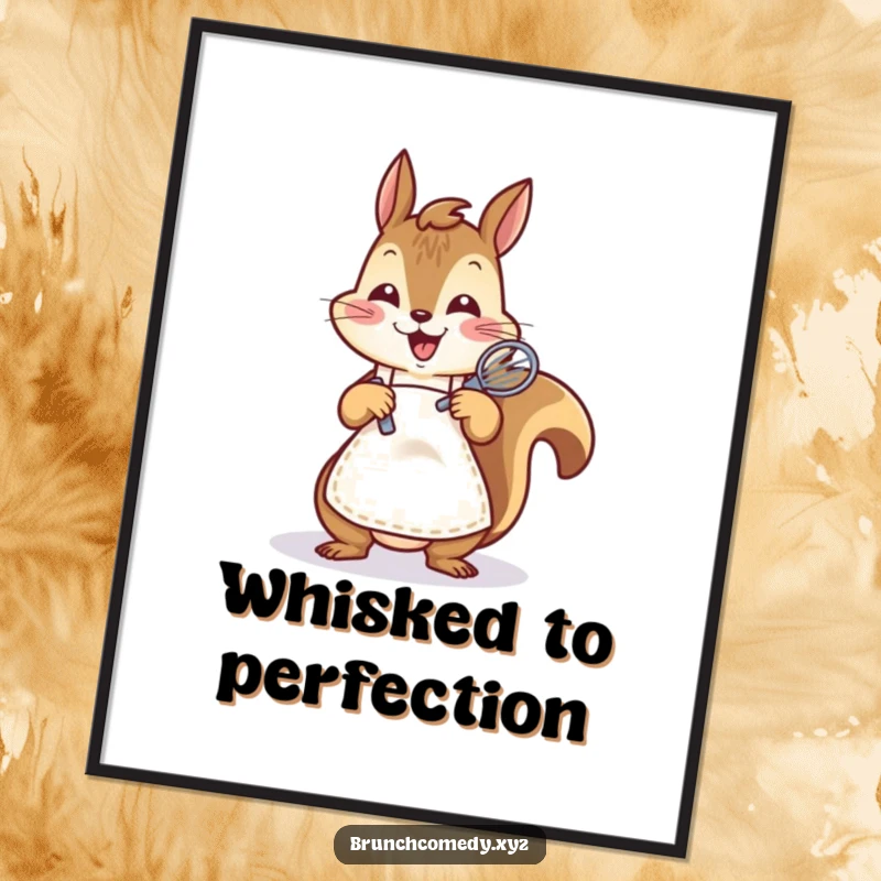 Funny, cheerful squirrel whisking batter on a poster, bringing baking joy to any room.