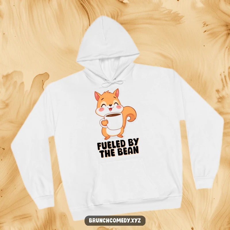 Funny and cute squirrel character, happily balancing a coffee cup, featured on a warm and cozy hoodie.