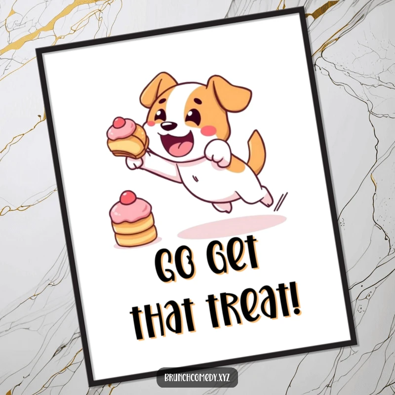 Funny free printable wall art: a determined dog character bravely leaping for a tempting pastry, full of ambition.