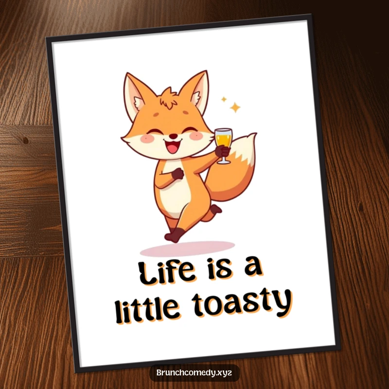 Funny free printable wall art: a playful fox character doing a happy skip while raising a piece of toast.