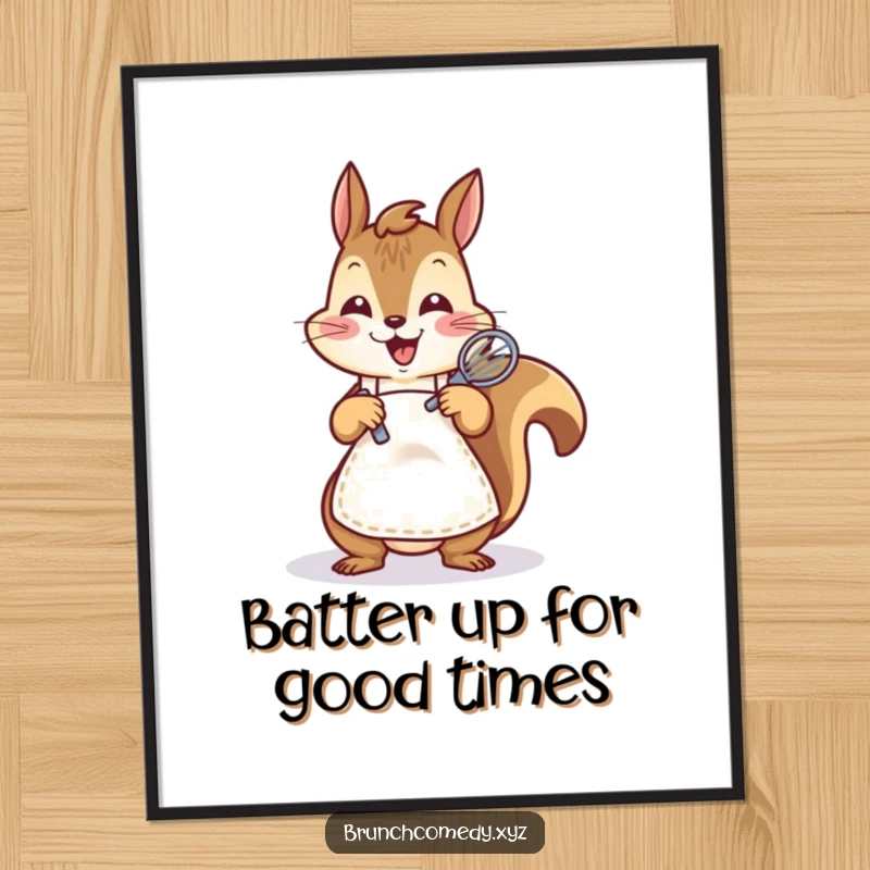 Funny Free Printable Wall Art: A cheerful squirrel wearing a small apron looks focused while whisking batter.