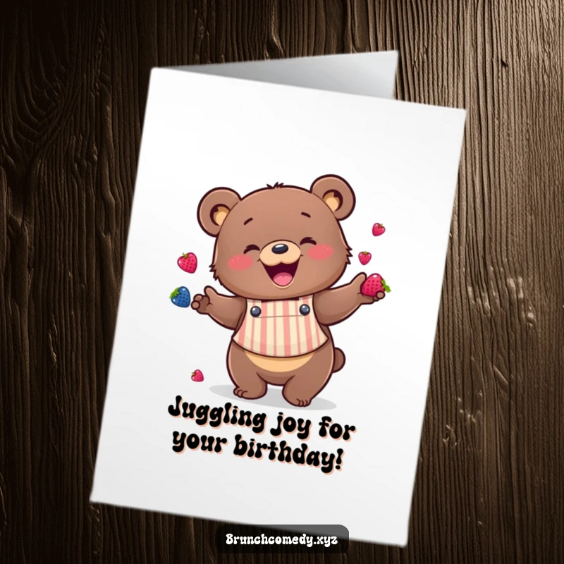 Funny Free Printable Birthday Card: A happy bear in a striped apron enthusiastically juggles colorful berries.