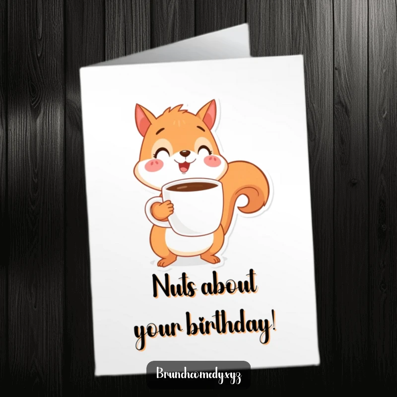 Funny free printable birthday card: a cheerful squirrel happily balancing a steaming cup of coffee, ready to party.