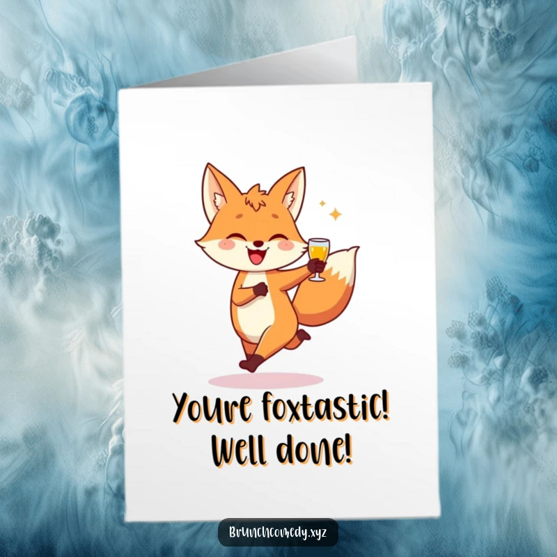 Funny free printable congratulations card: a playful fox joyfully skipping with a slice of toast, celebrating good news.