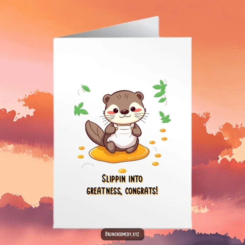 Funny Free Printable Congratulations Card: An otter wearing an apron slides gleefully down a stream of syrup.