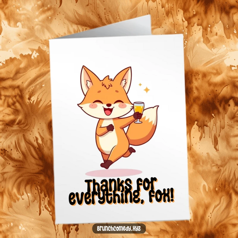 Funny free printable thank you card: a playful fox skipping with a piece of toast, expressing thanks happily.
