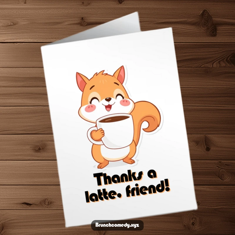 Funny free printable thank you card: a cheerful squirrel holding a coffee cup, giving thanks with a smile.