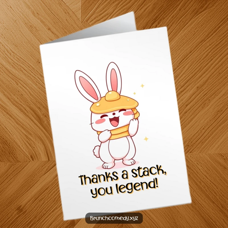 Funny free printable thank you card: a cute bunny holding a stack of pancakes, showing appreciation with a smile.
