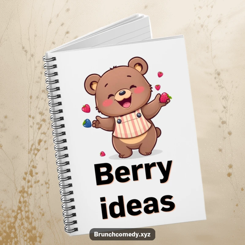 Funny bear juggling berries on a notebook, perfect for jotting down recipe ideas and meal plans.