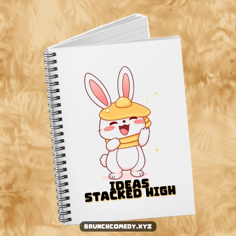 Funny cute bunny character holding a stack of pancakes on the cover of a lined notebook.