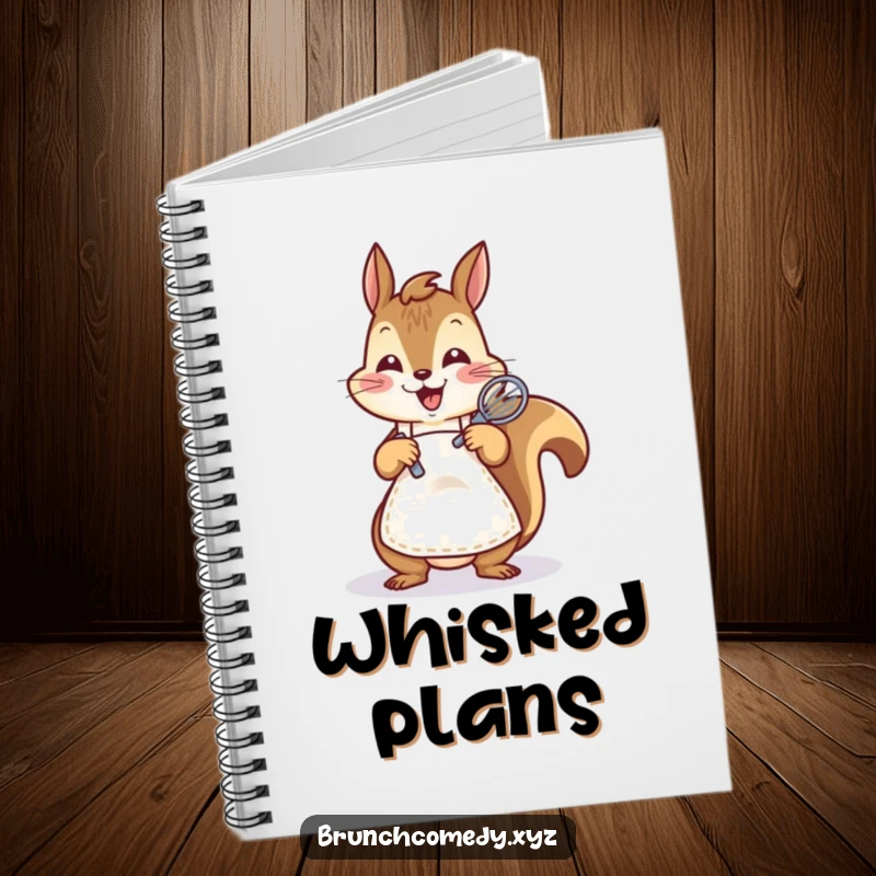 Funny squirrel whisking batter on a notebook, perfect for jotting down recipes and baking plans.