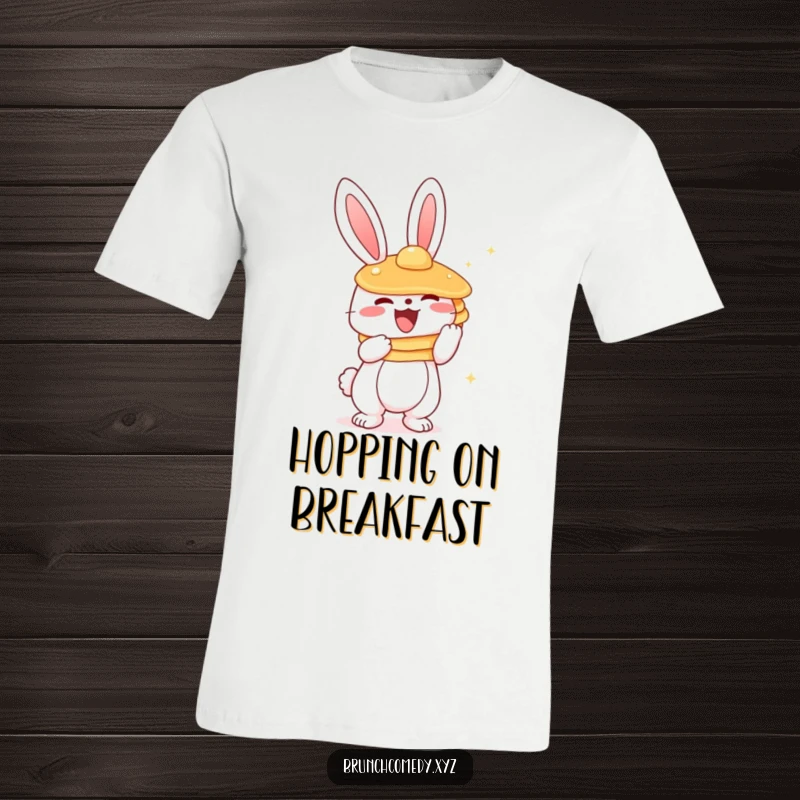 Funny cute bunny character joyfully clutching a massive stack of pancakes, printed on a comfortable t-shirt.