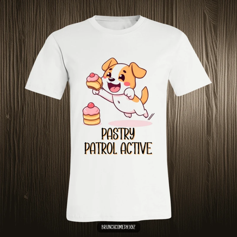 Funny, determined dog character mid-leap, bravely reaching for a tasty pastry, printed on a comfortable t-shirt.