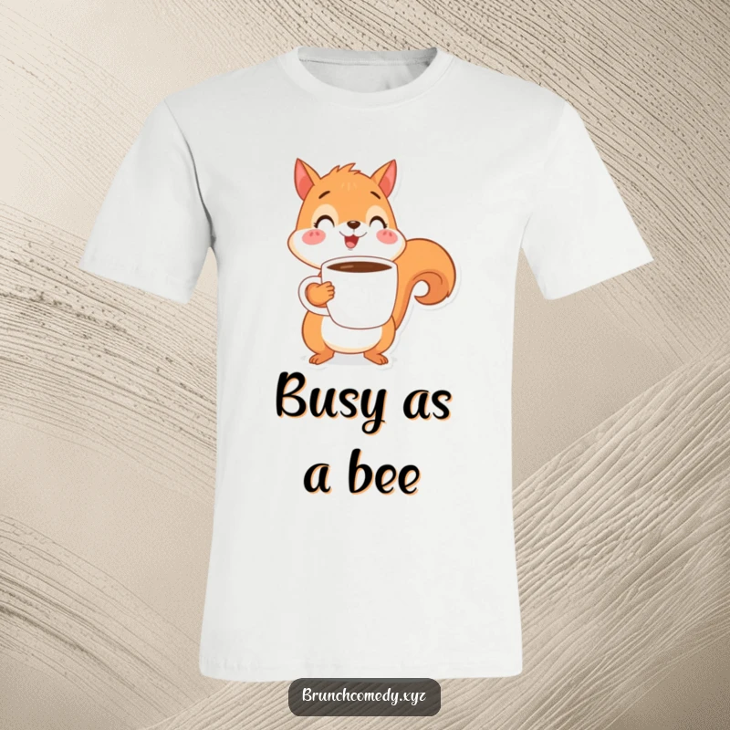 Funny, happy squirrel balancing a coffee cup, printed on a soft and comfortable t-shirt.
