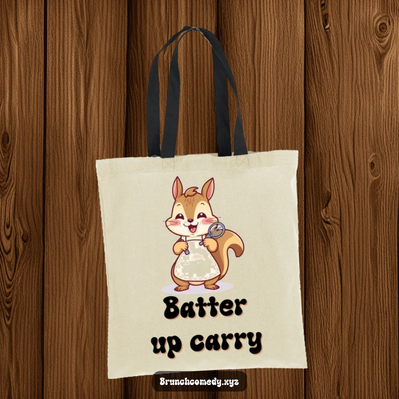 Funny squirrel in an apron whisking batter on a tote bag, perfect for carrying baking ingredients.