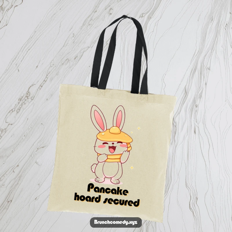 Funny, excited bunny character carrying a delightful stack of pancakes, featured on a spacious tote bag.